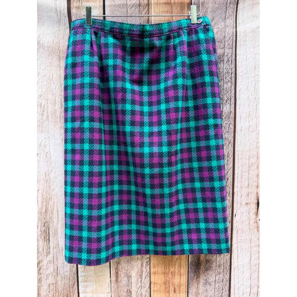 Pendleton Vintage 1980s Wool Plaid Skirt Suit Purple Green Workwear Size 14 - Picture 6 of 11